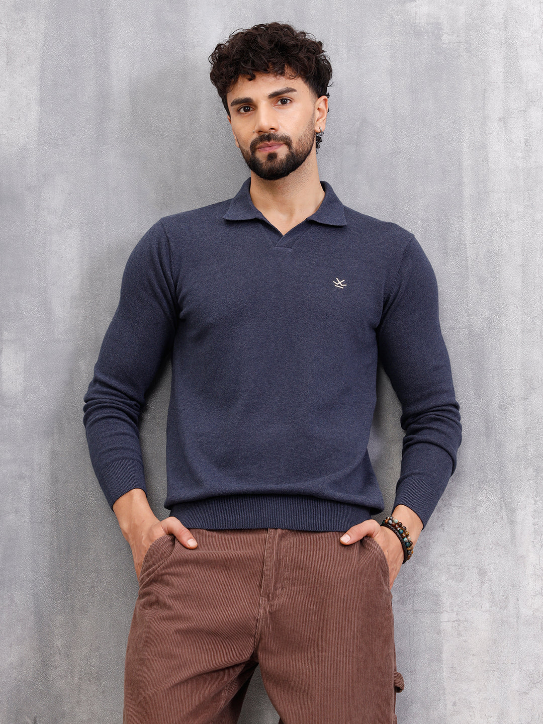 Premium Flat Knit Johnny Collar Polo T-Shirt | Navy Blue - Image 3