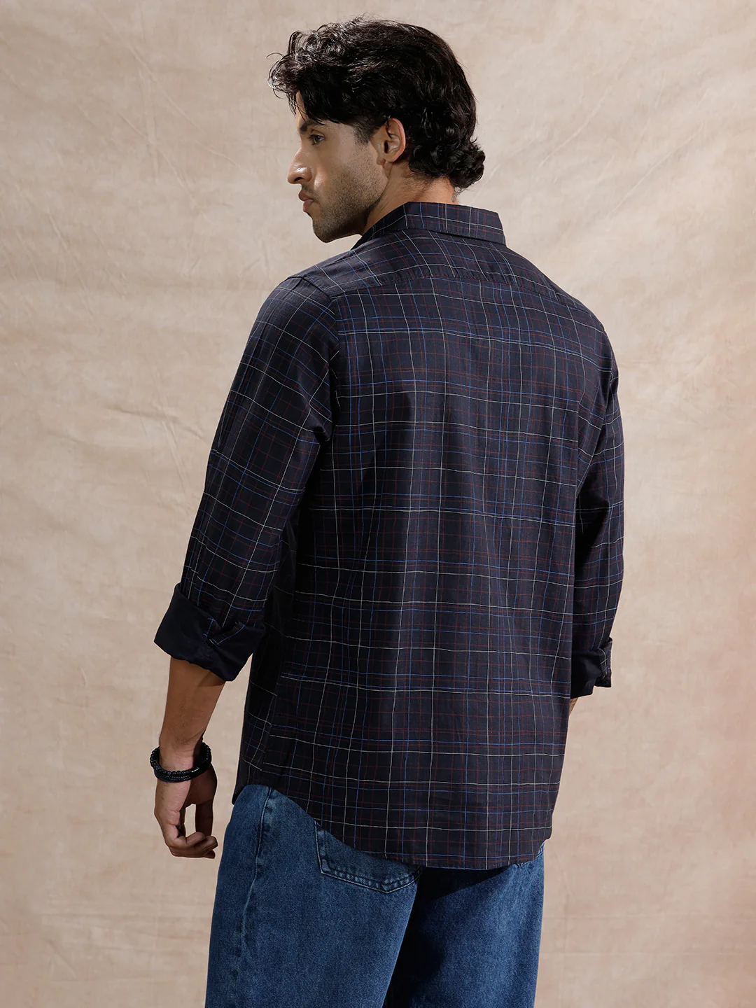 Printed Checked Regular Fit Shirt | Navy Blue - Image 3