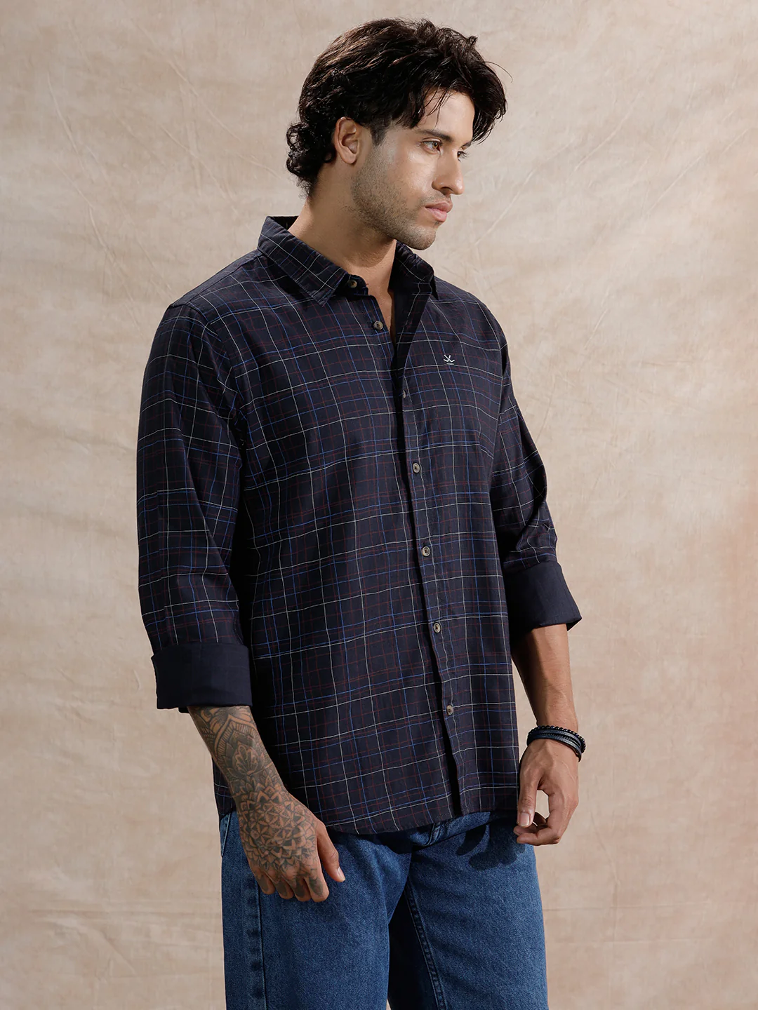 Printed Checked Regular Fit Shirt | Navy Blue - Image 4