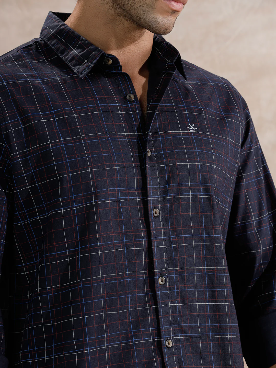 Printed Checked Regular Fit Shirt | Navy Blue - Image 5