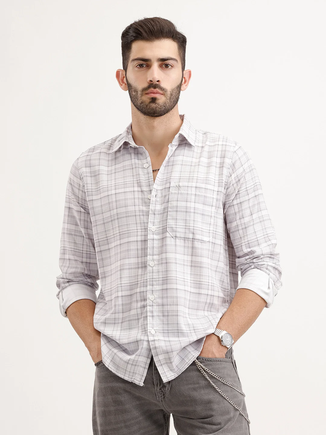 Regular Fit Checkered Shirt | Grey