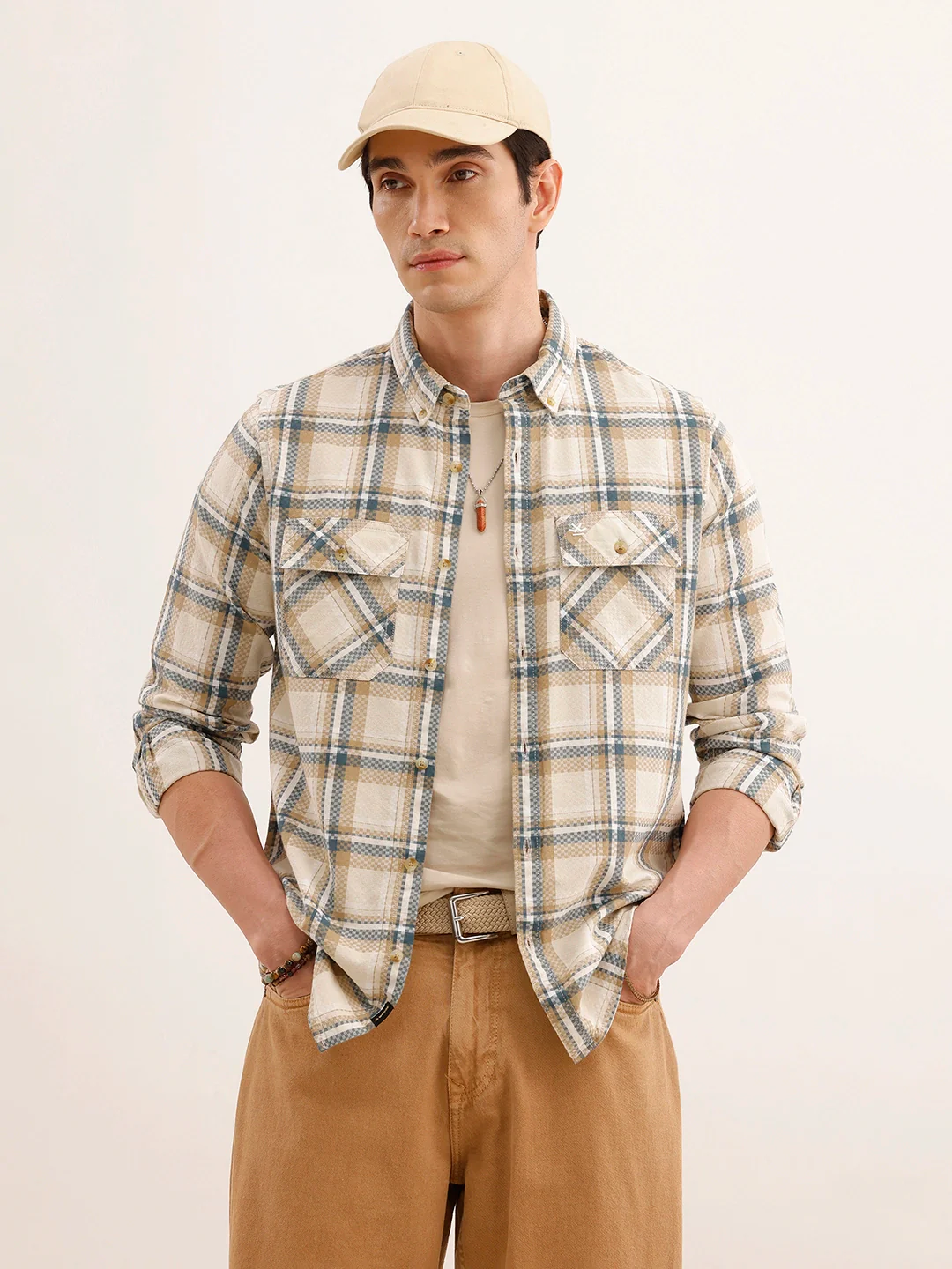Regular Fit Double Pocket Checkered Shirt | Beige