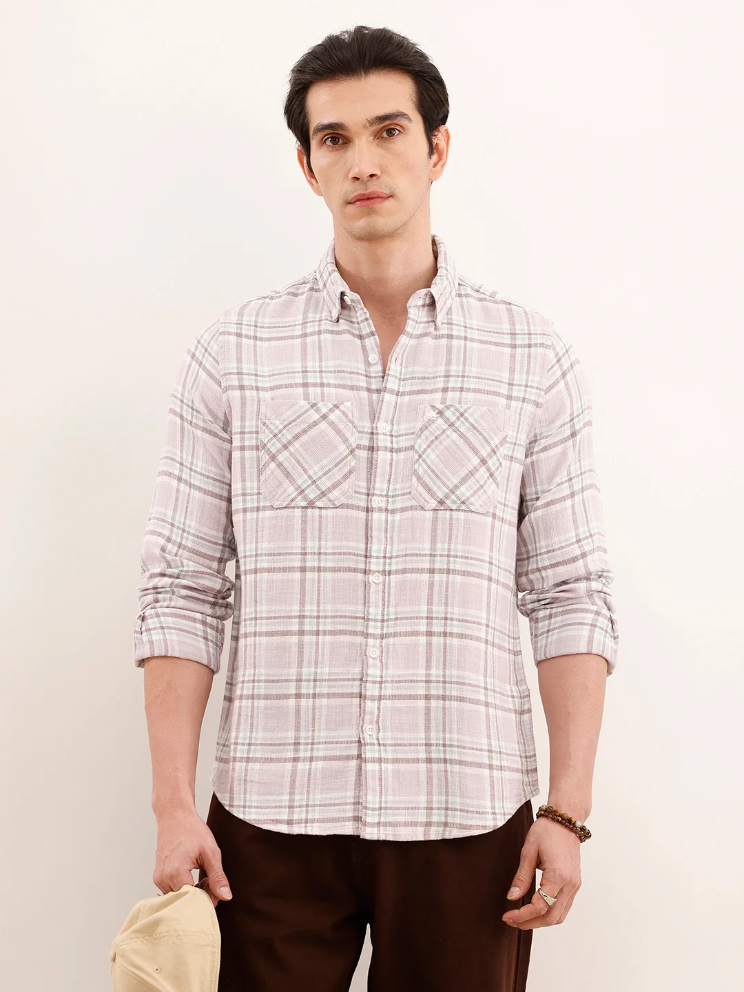 Regular Fit Double Pocket Checkered Shirt | Pink