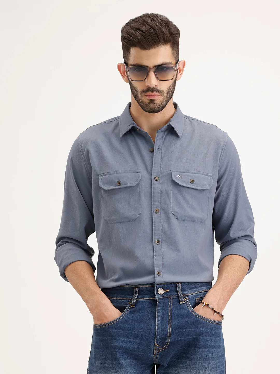 Regular Fit Double Pocket Shirt | Blue