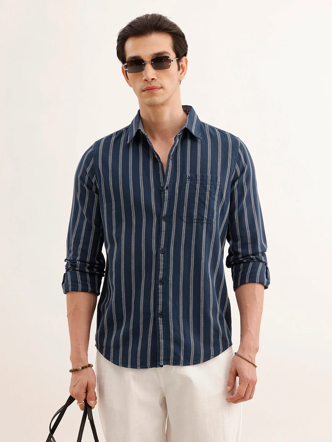Regular Fit Full Sleeved Striped Shirt | Blue