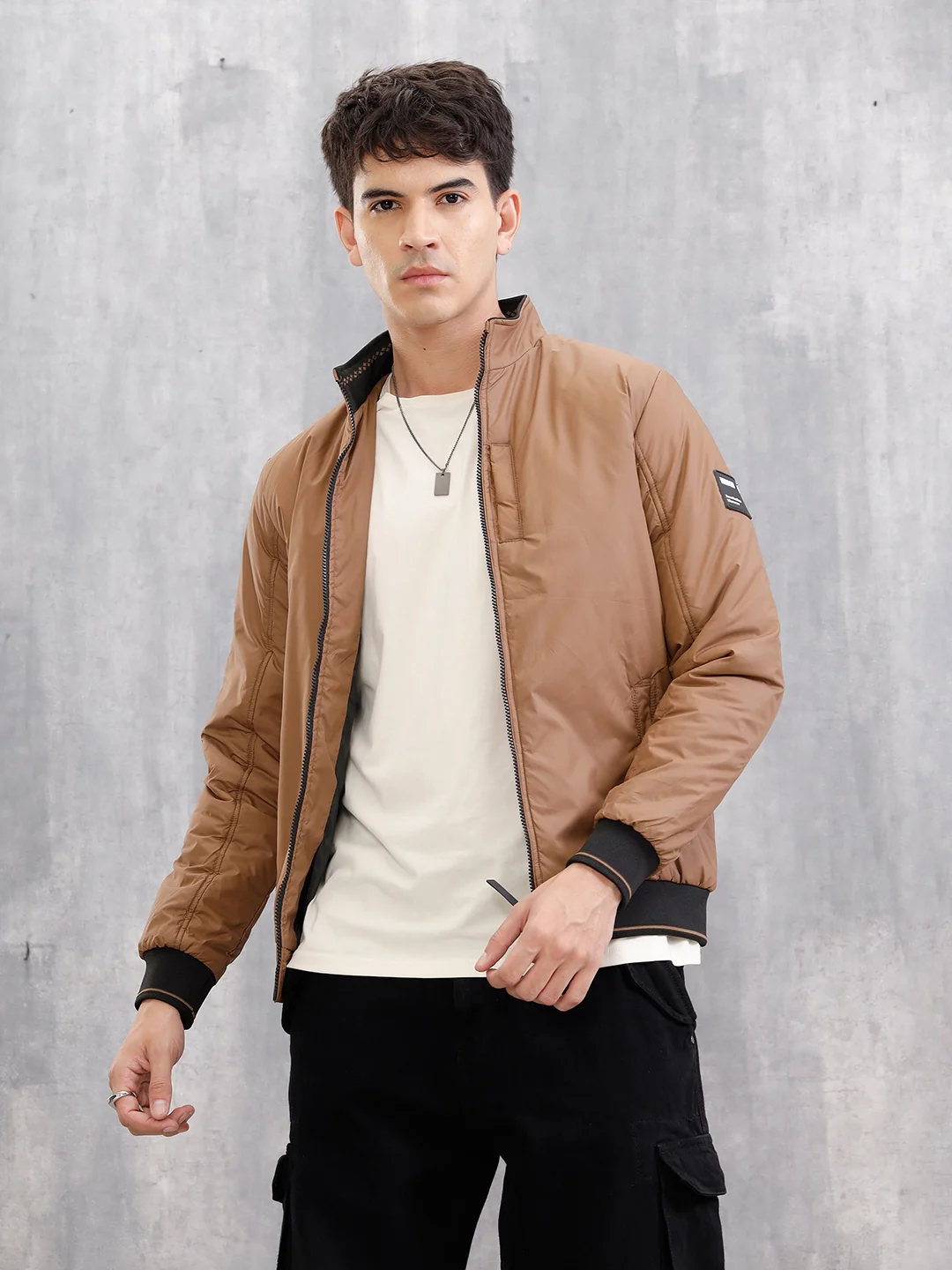 Regular Fit High Neck Jacket With Contrast Detail | Brown