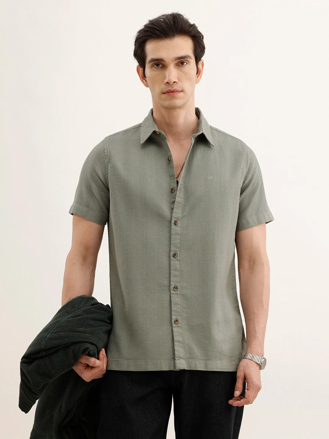 Regular Fit Textured Half Sleeved Shirt | Light Green