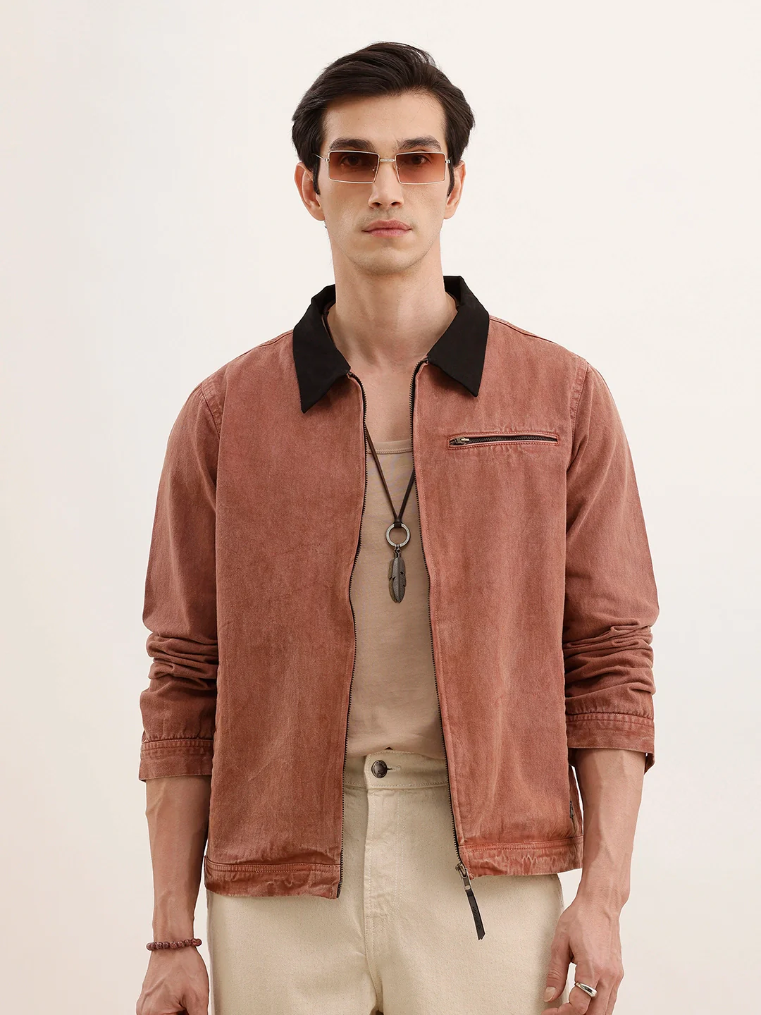 Regular Fit Zipper Denim Jacket | Brown
