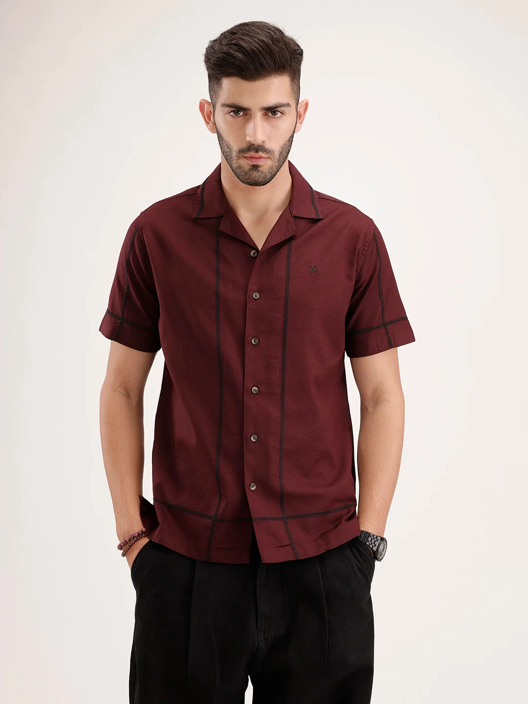 Resort Collar Embroidered Shirt | Wine