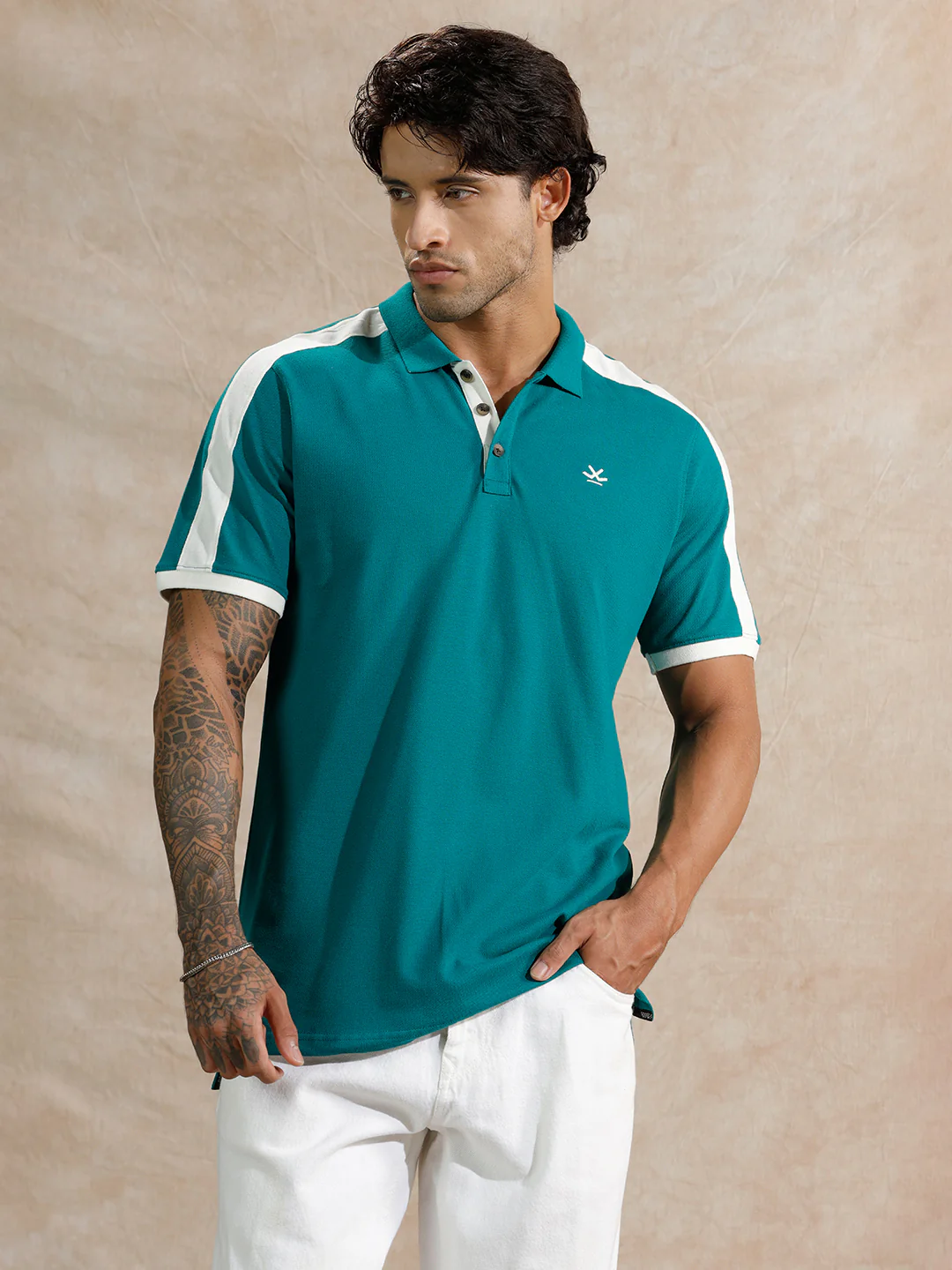 Retro Colour Blocked Polo T-Shirt | Teal