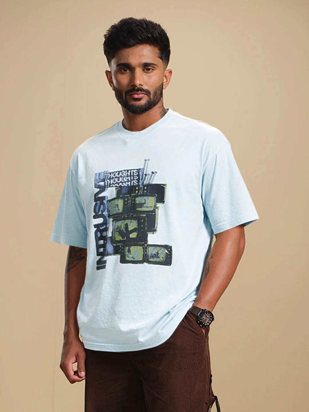 Retro Tv Graphic Printed Oversized Fit Tshirt | Light Blue