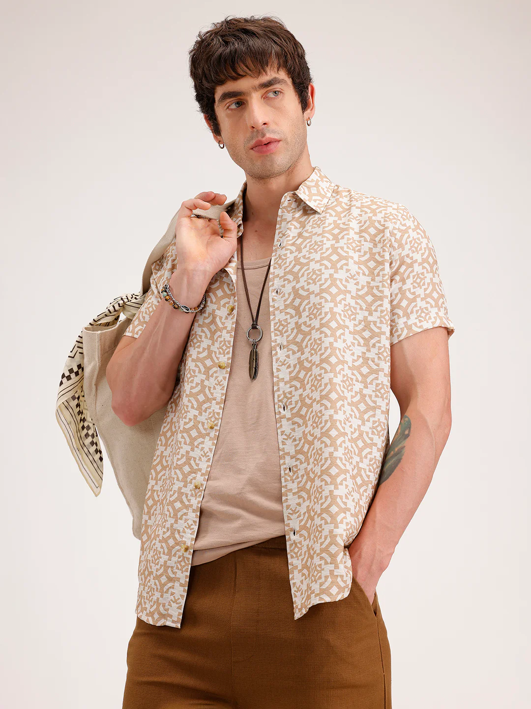Slim Fit AOP Half Sleeve Shirt | Beige