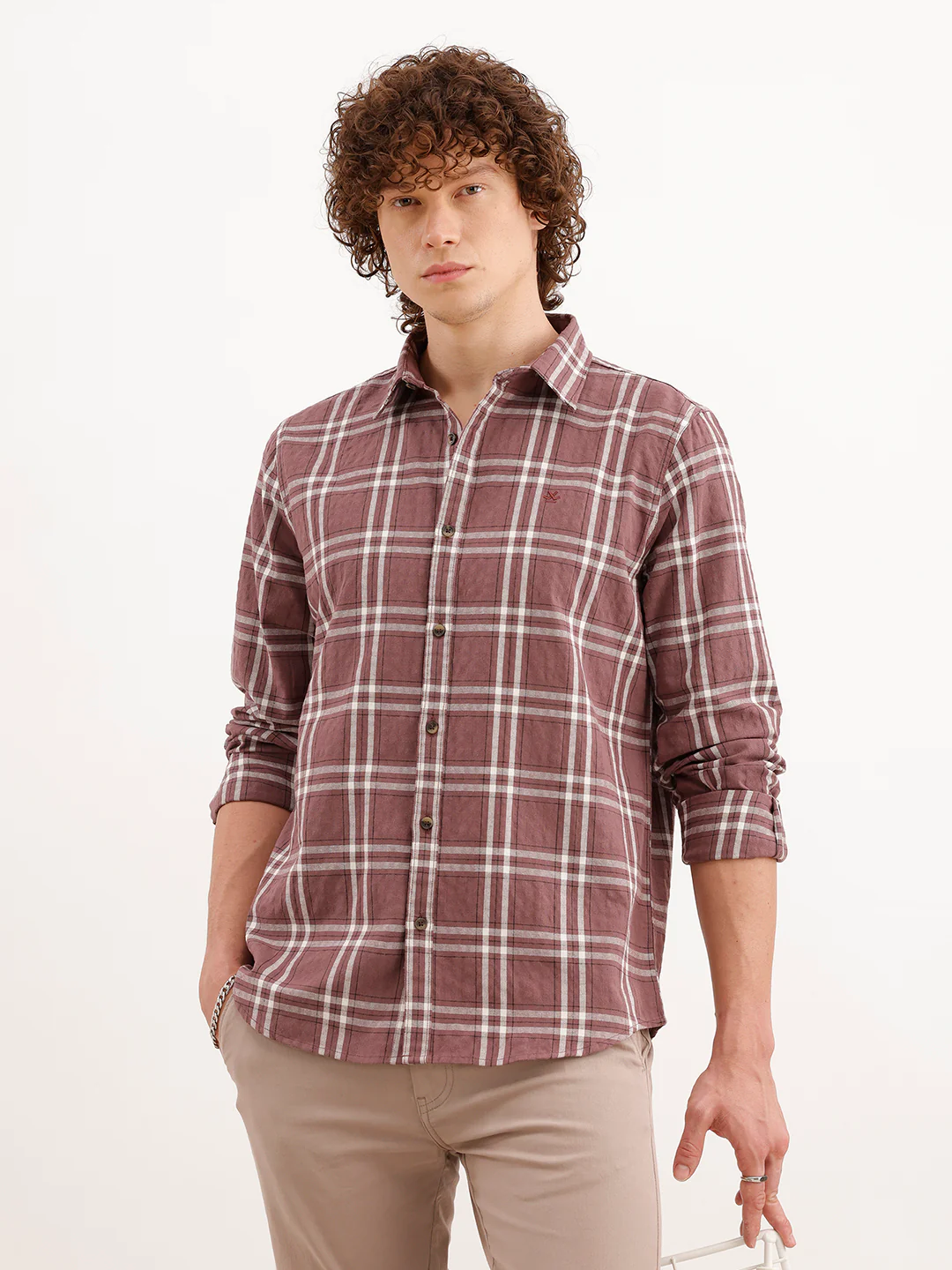 Slim Fit Checkered Shirt | Peach