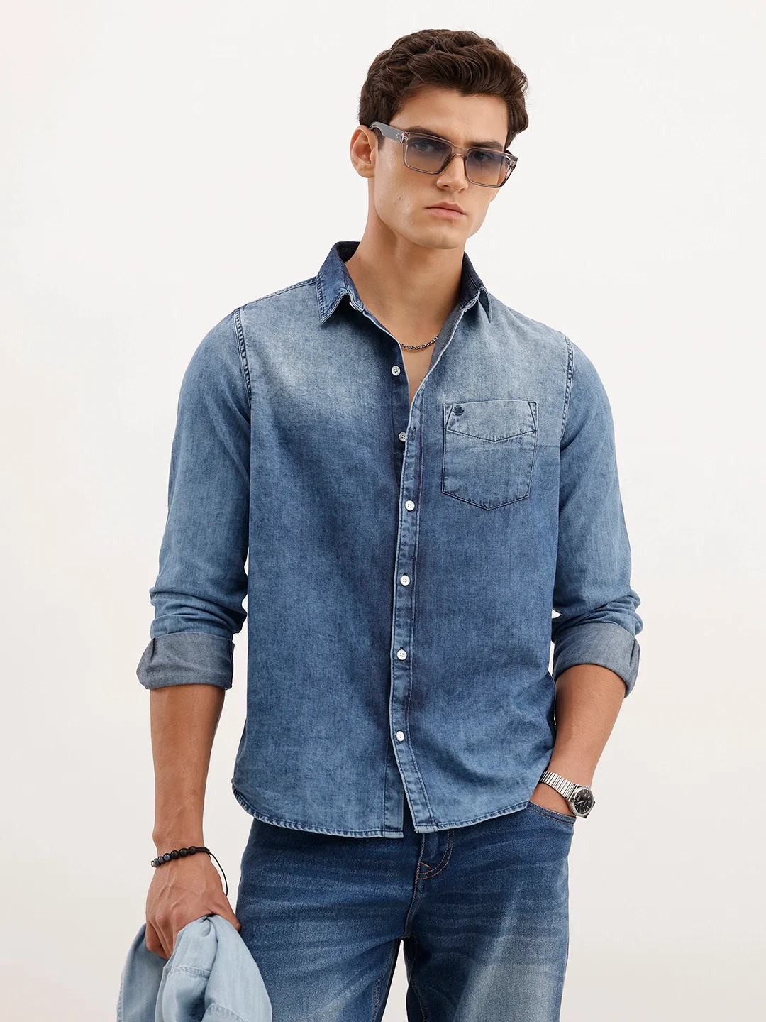 Slim Fit Faded Denim Shirt | Light Blue