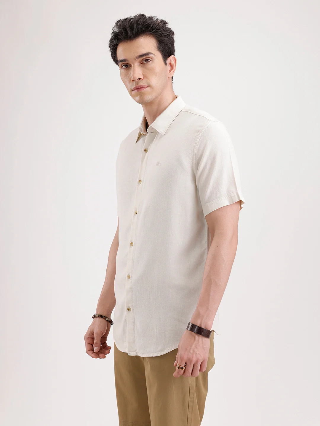Slim Fit Half Sleeve Linen Blend Shirt | Beige - Image 4