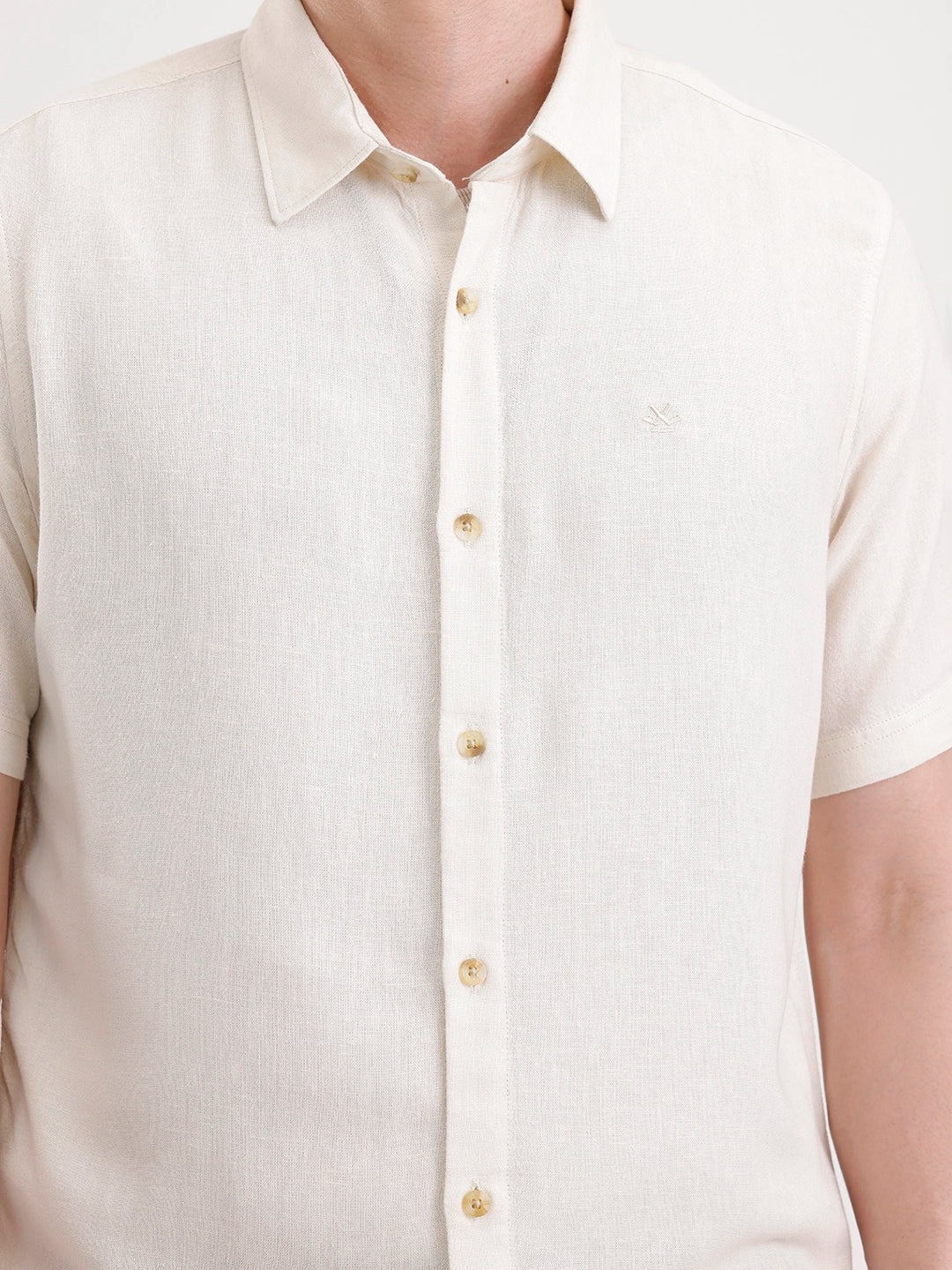 Slim Fit Half Sleeve Linen Blend Shirt | Beige - Image 5