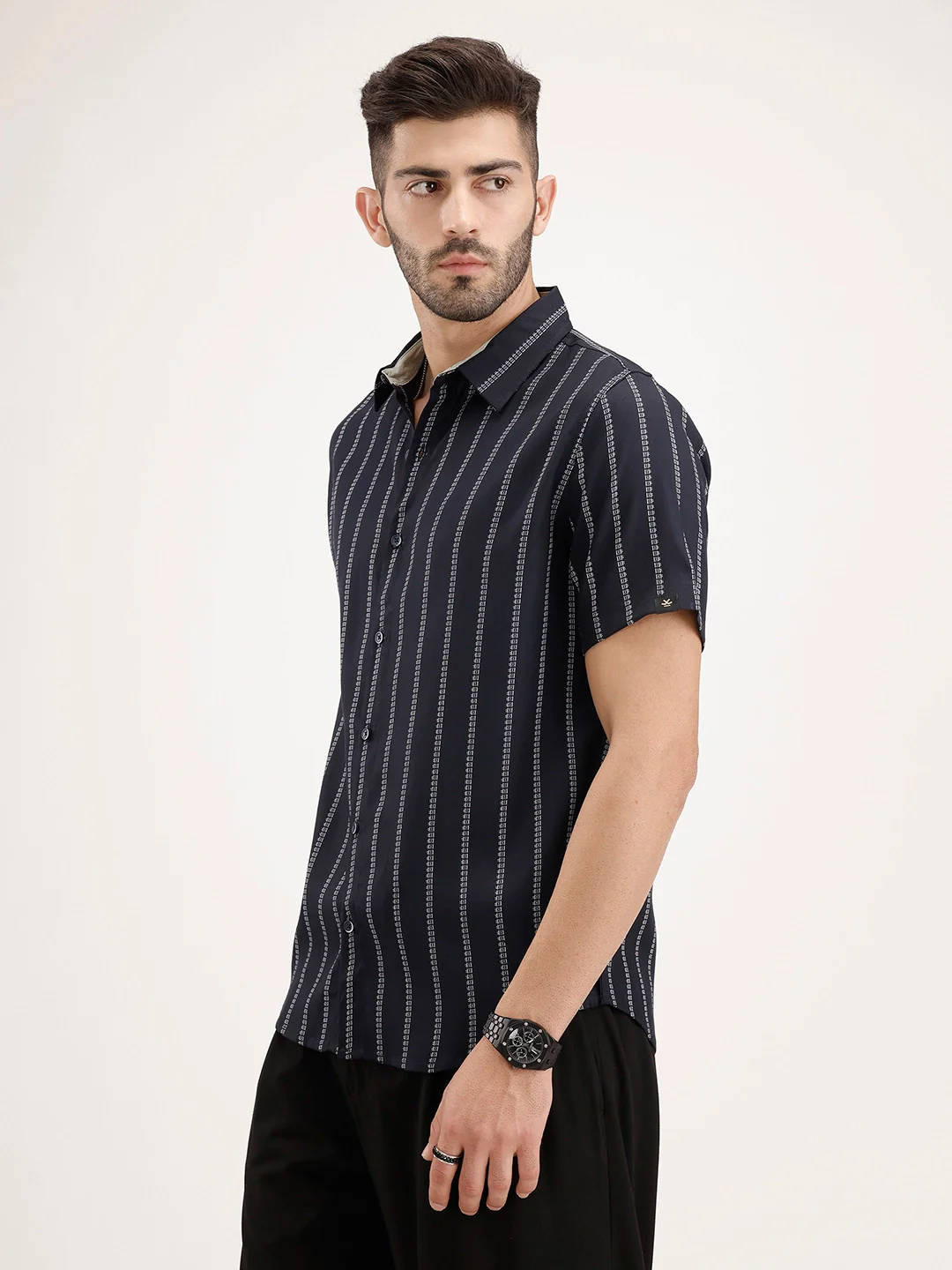 Slim Fit Half Sleeve Striped Shirt | Navy Blue - Image 4
