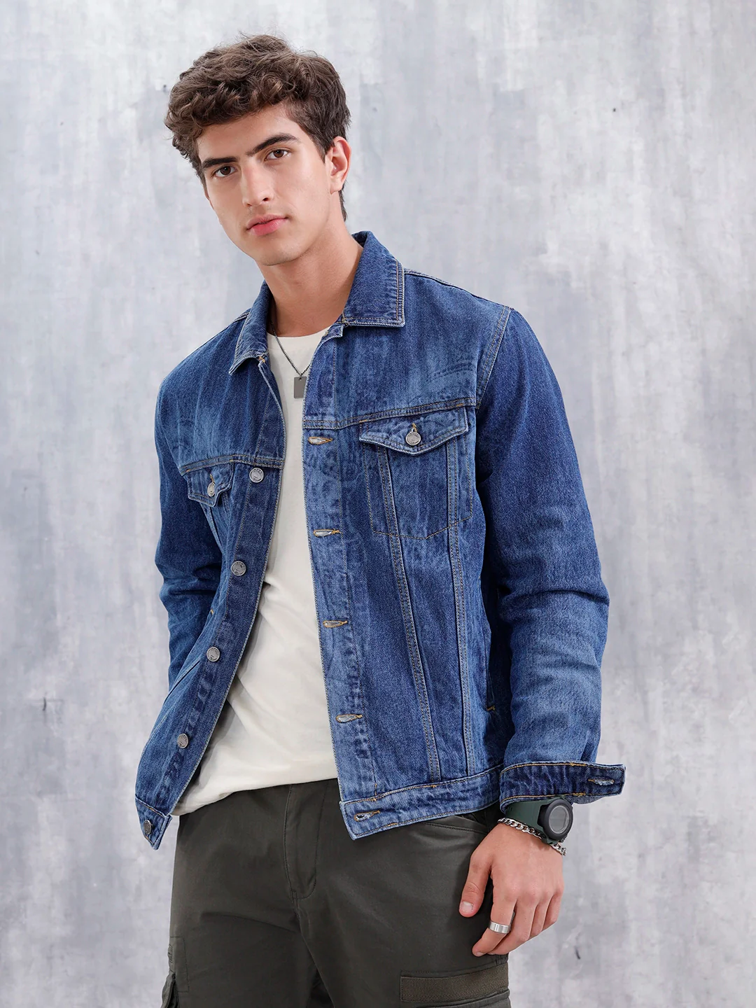 Slim Fit Laser Printed Denim Trucker | Dark Wash