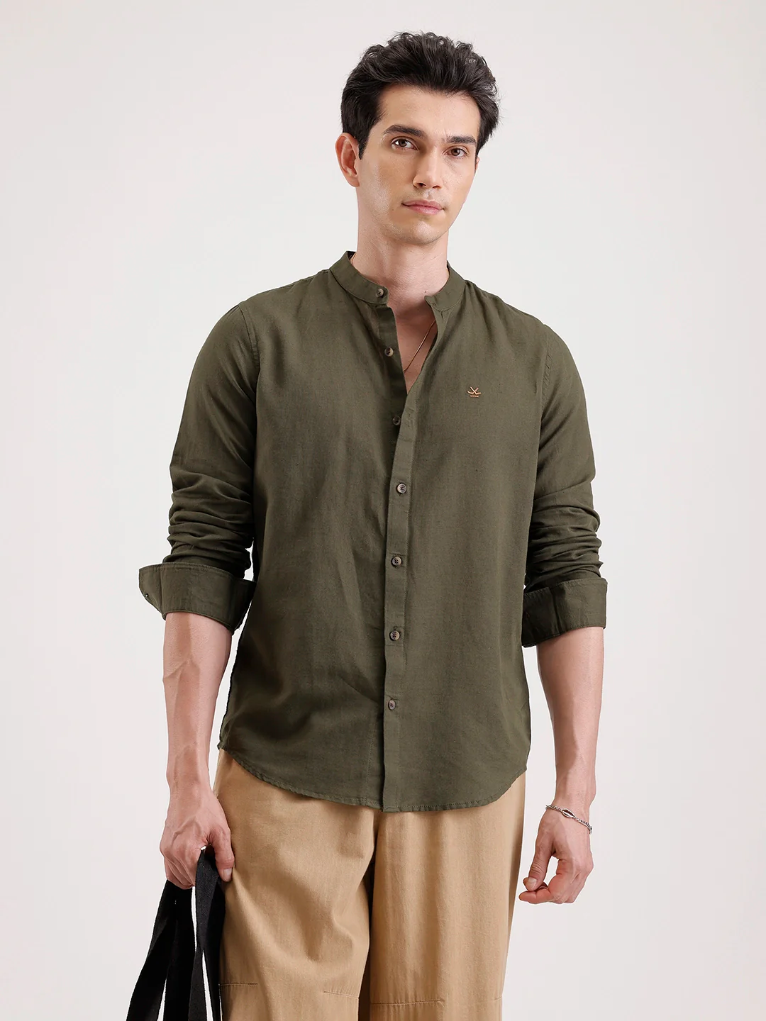 Slim Fit Mandrin Collar Linen Blend Shirt | Olive
