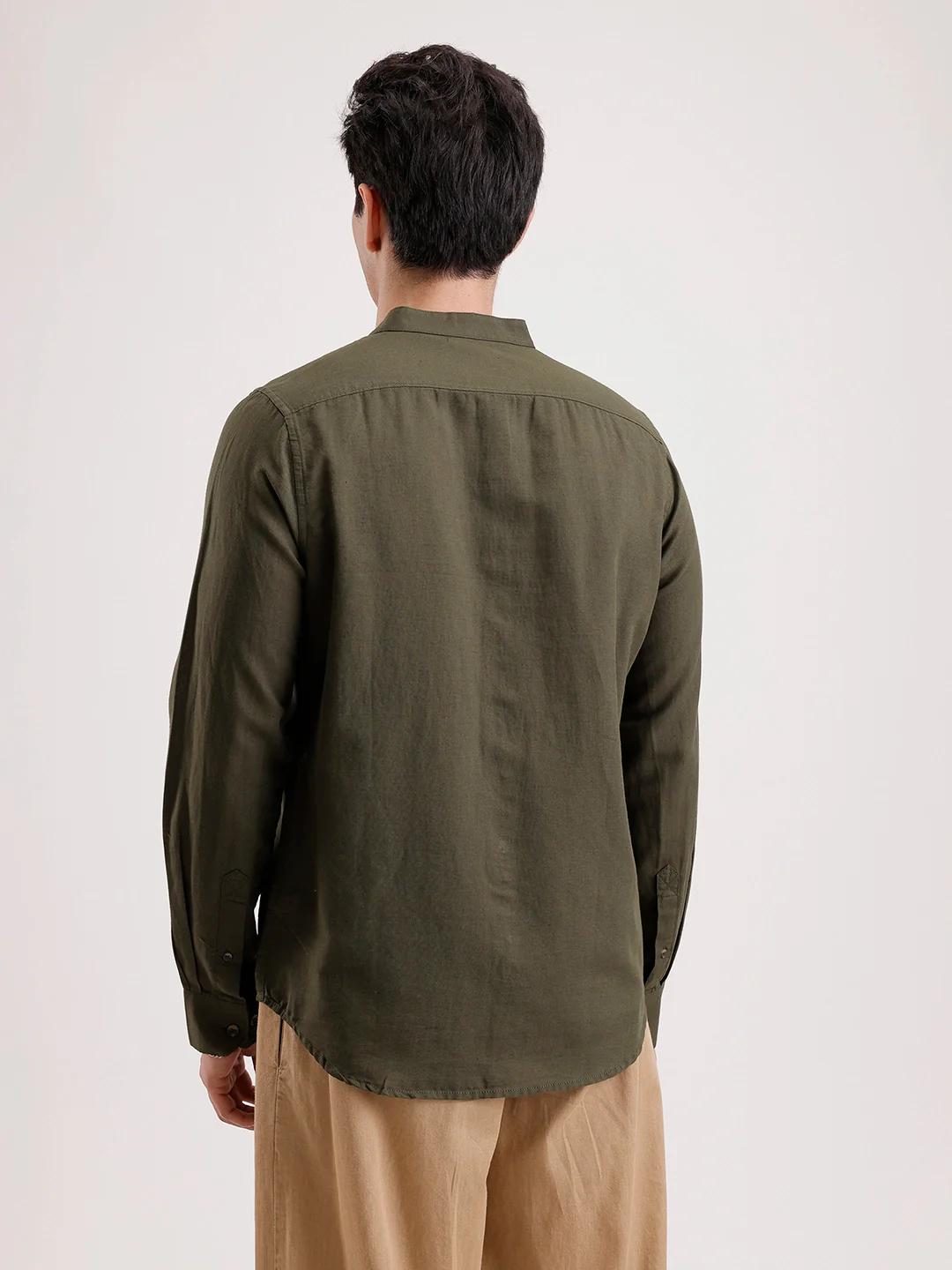 Slim Fit Mandrin Collar Linen Blend Shirt | Olive - Image 3