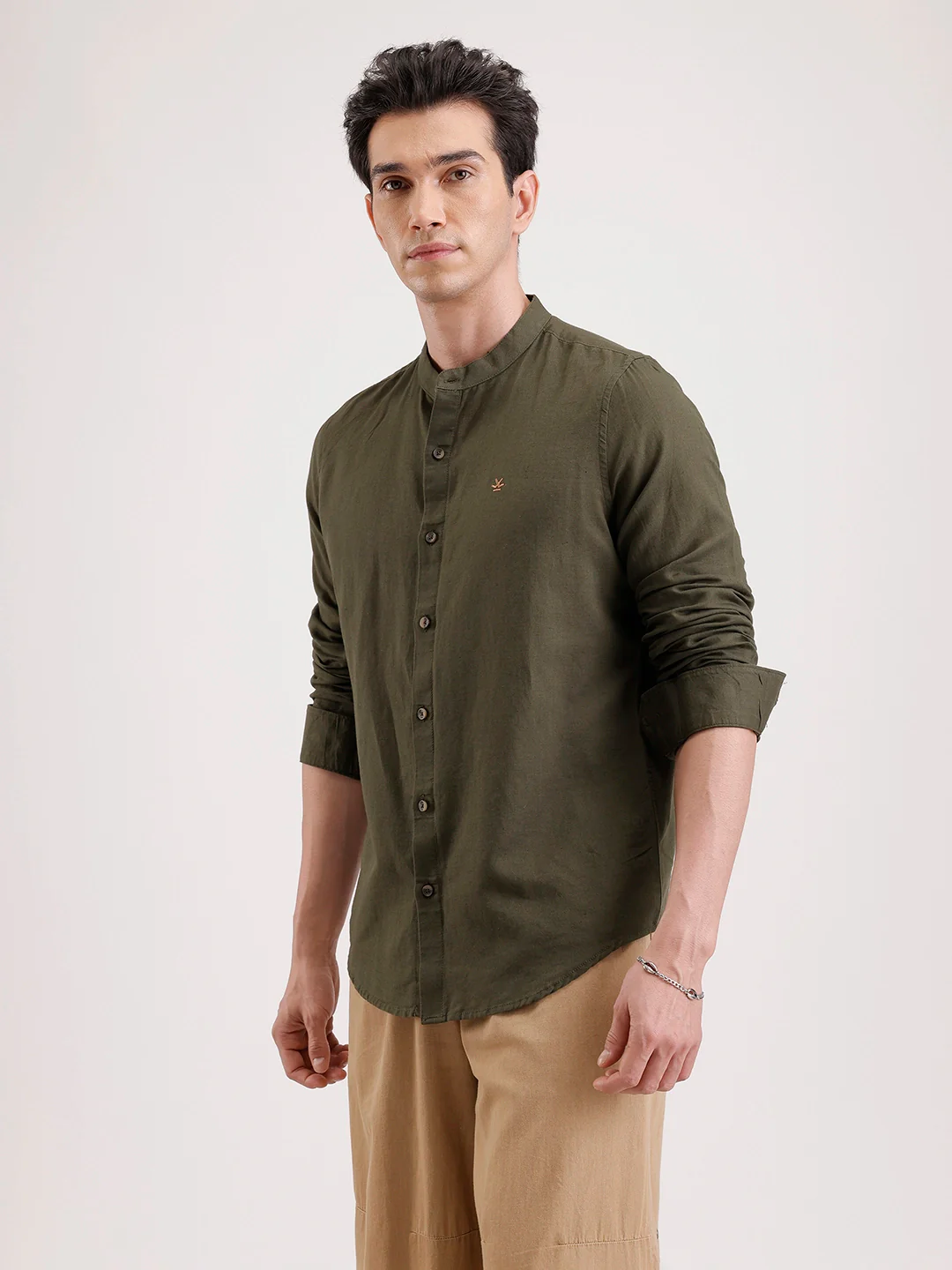Slim Fit Mandrin Collar Linen Blend Shirt | Olive - Image 4