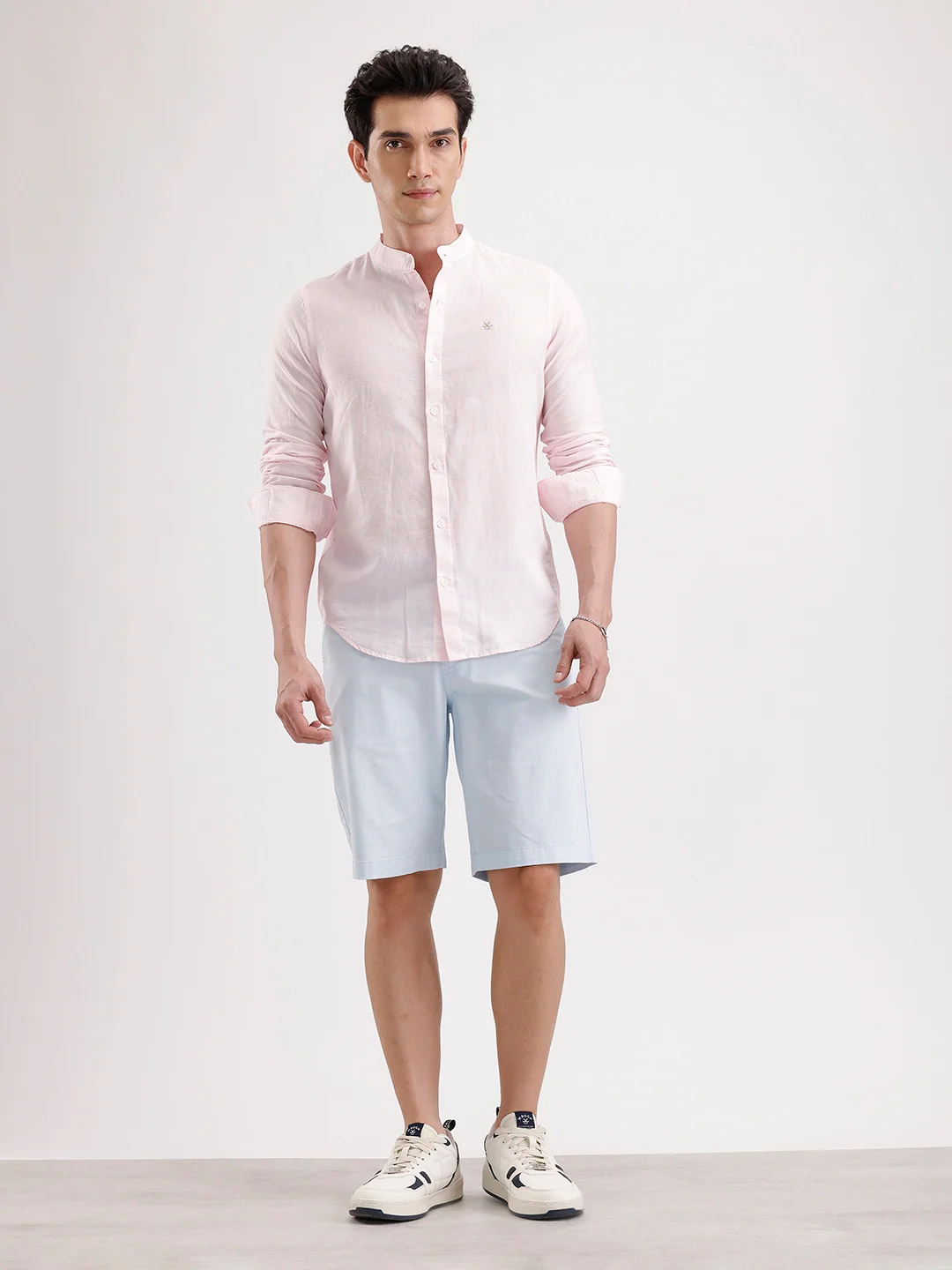 Slim Fit Mandrin Collar Linen Blend Shirt  | Pink - Image 2
