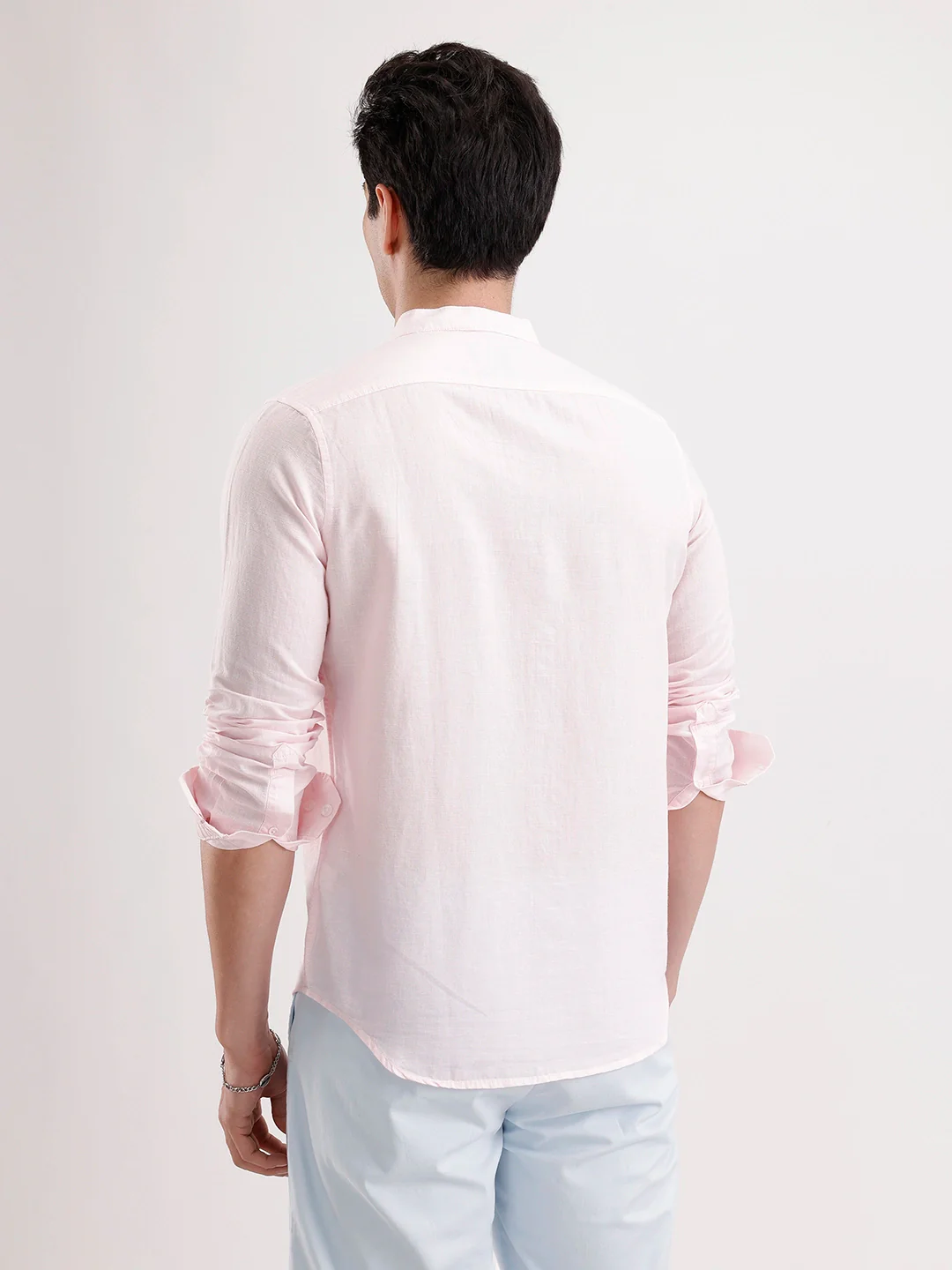 Slim Fit Mandrin Collar Linen Blend Shirt  | Pink - Image 3