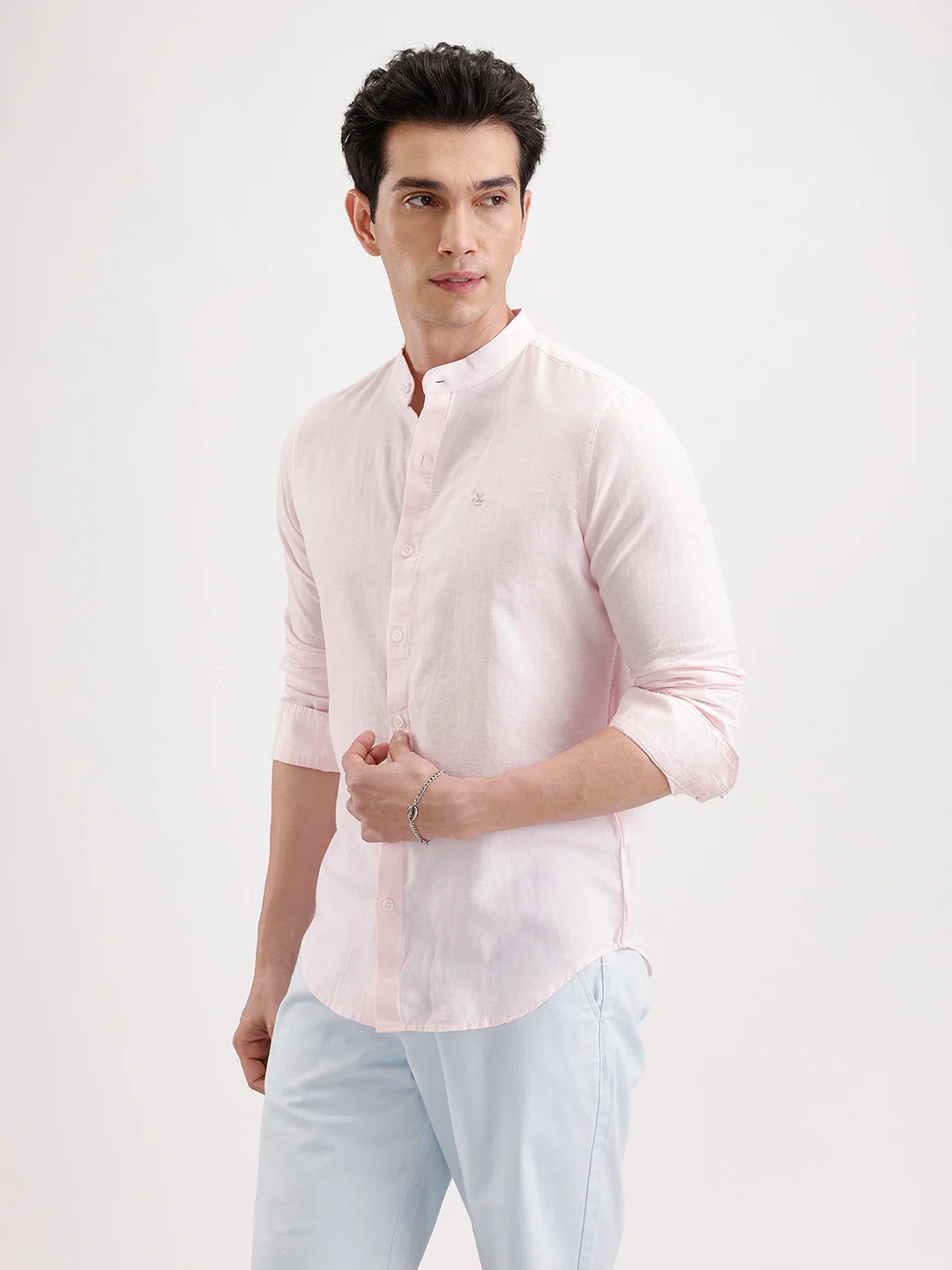 Slim Fit Mandrin Collar Linen Blend Shirt  | Pink - Image 4