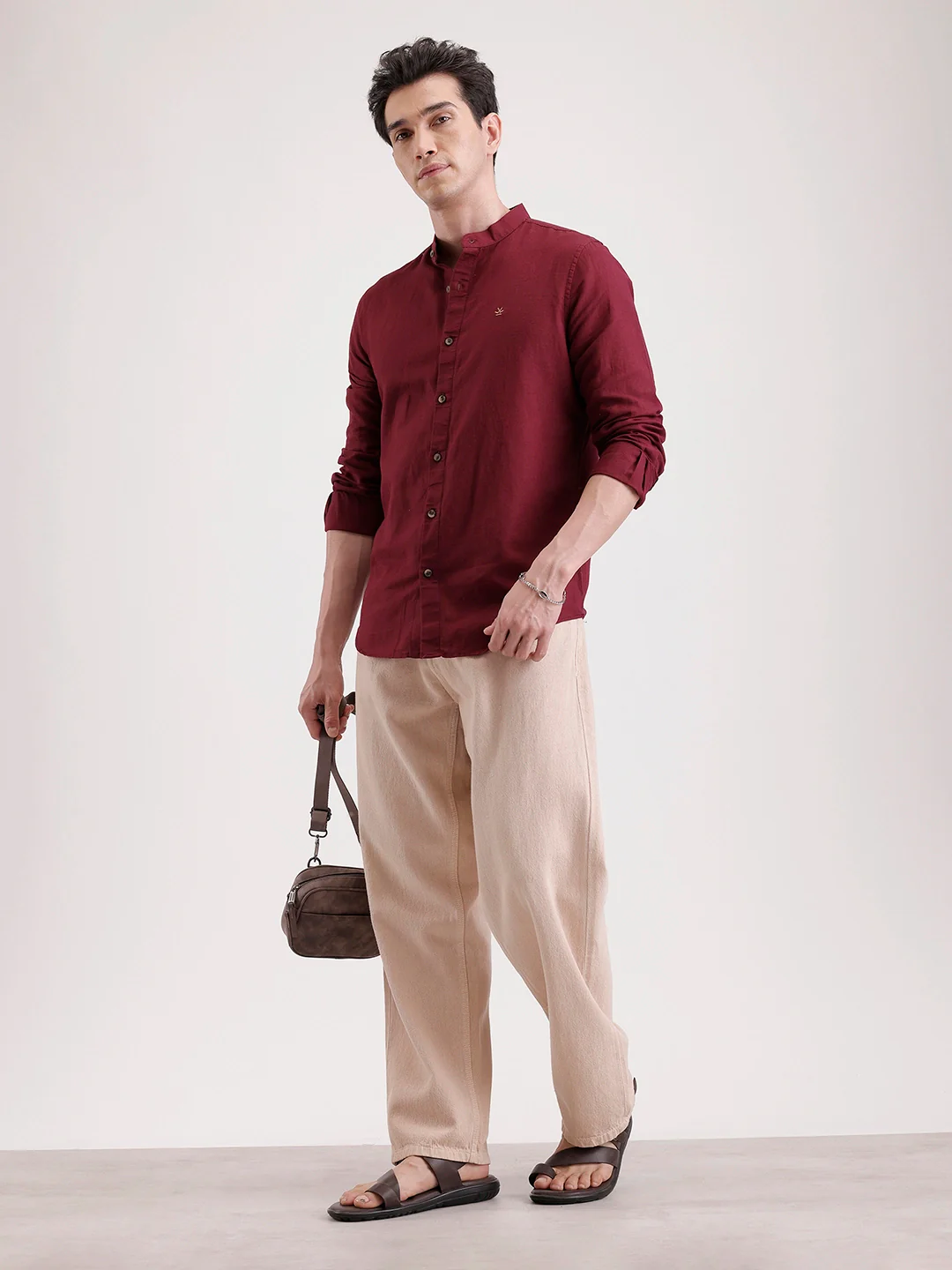 Slim Fit Mandrin Collar Linen Blend Shirt | Wine - Image 2