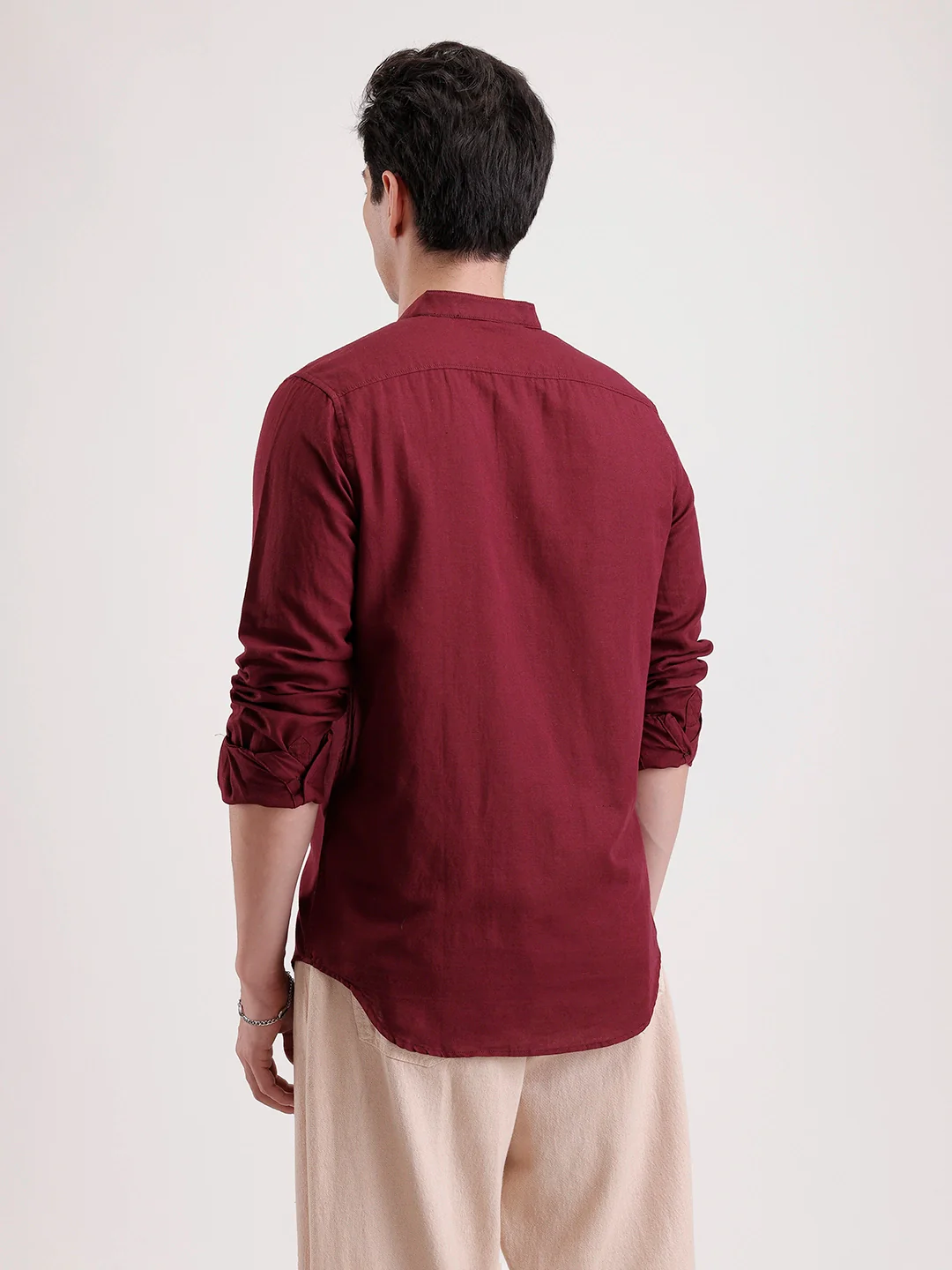 Slim Fit Mandrin Collar Linen Blend Shirt | Wine - Image 3
