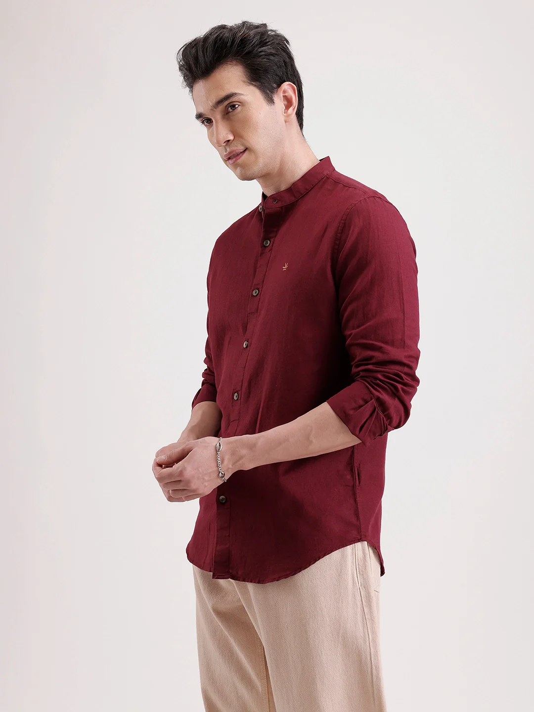 Slim Fit Mandrin Collar Linen Blend Shirt | Wine - Image 4