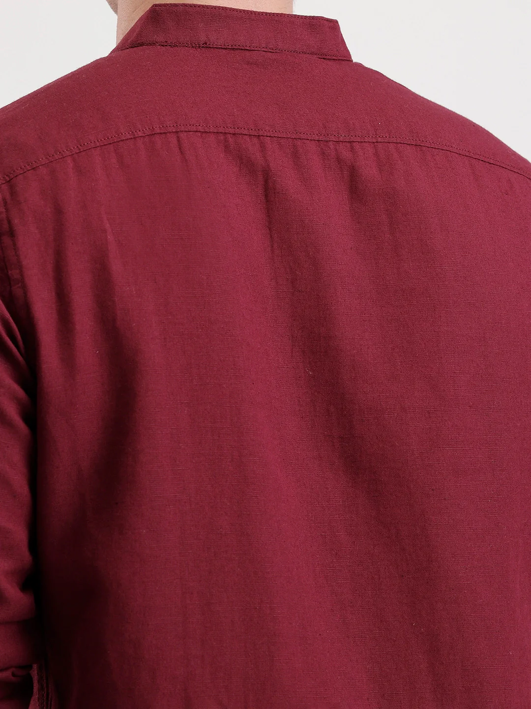 Slim Fit Mandrin Collar Linen Blend Shirt | Wine - Image 5