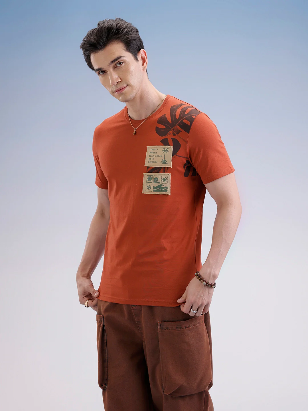 Slim Fit Placement Patch Printed T-Shirt | Rust - Image 4