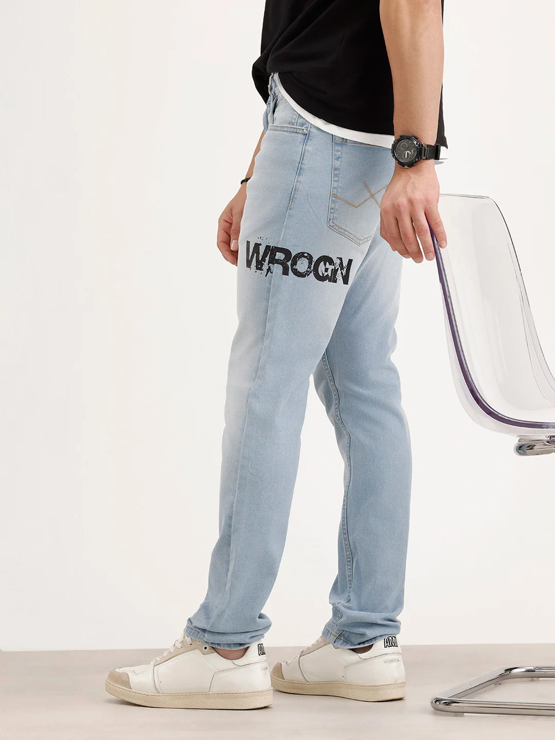 Slim Fit Placement Printed Denim Jeans | Light Blue