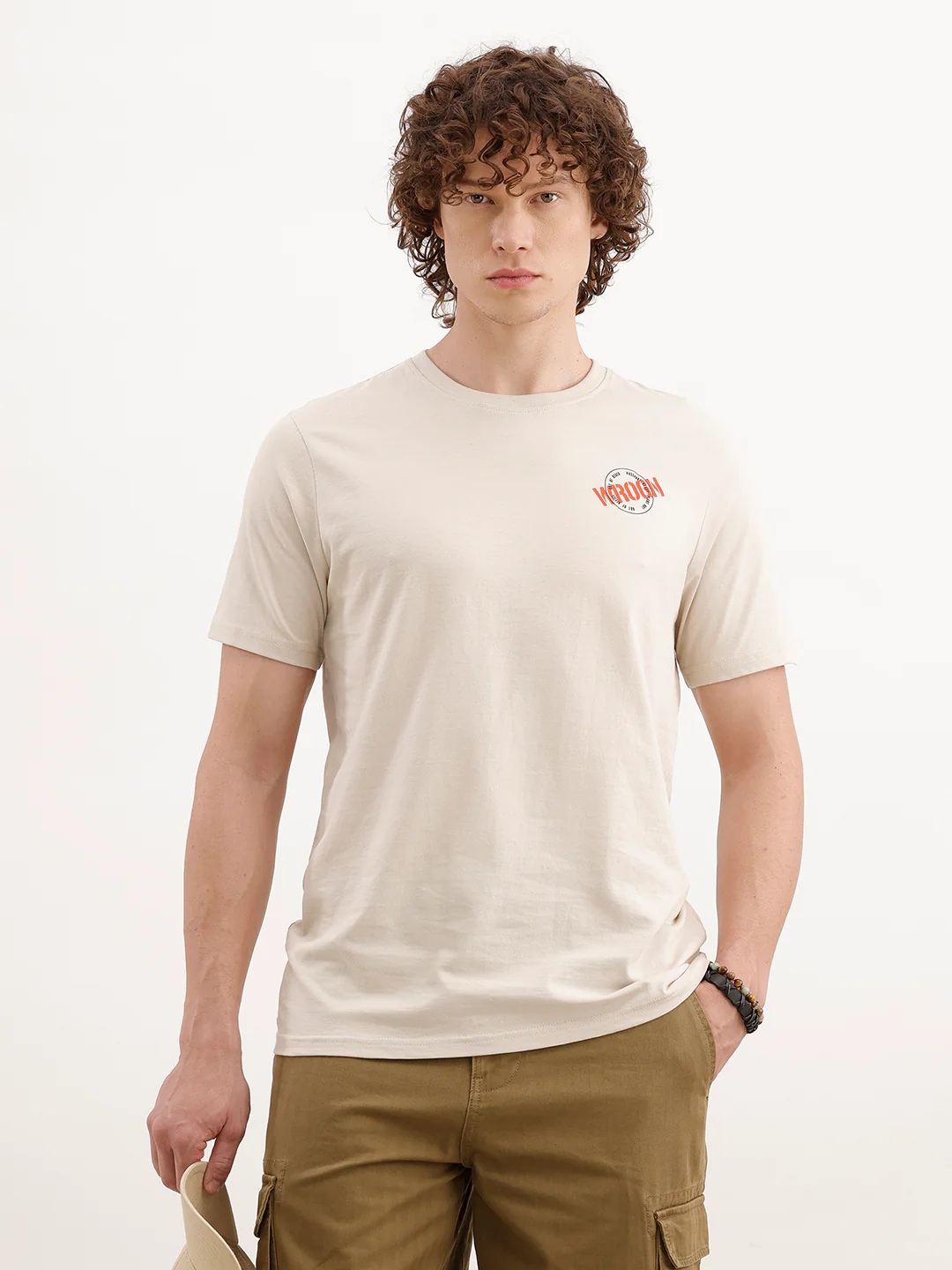 Slim Fit Placement Printed T-Shirt | Beige