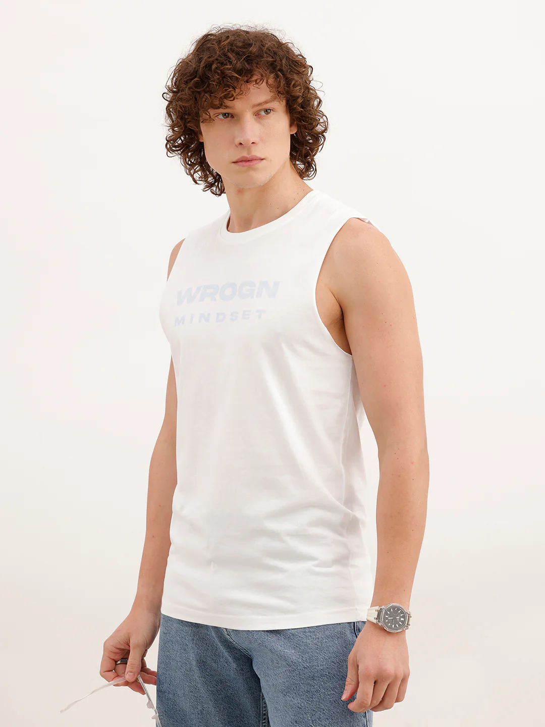 Slim Fit Printed Cut Off sleeves T-Shirt | White