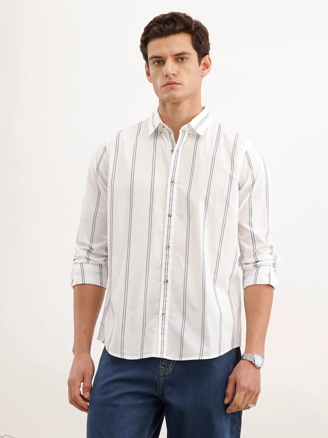 Slim Fit Striped 100% Cotton Shirt  | White