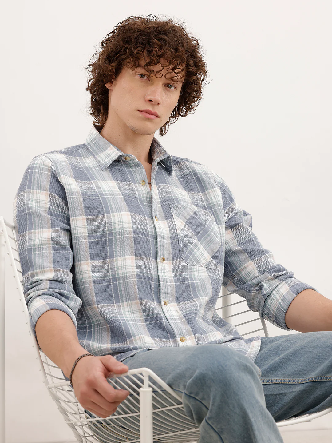 Slim Fit Textured Checkered Shirt  | Blue