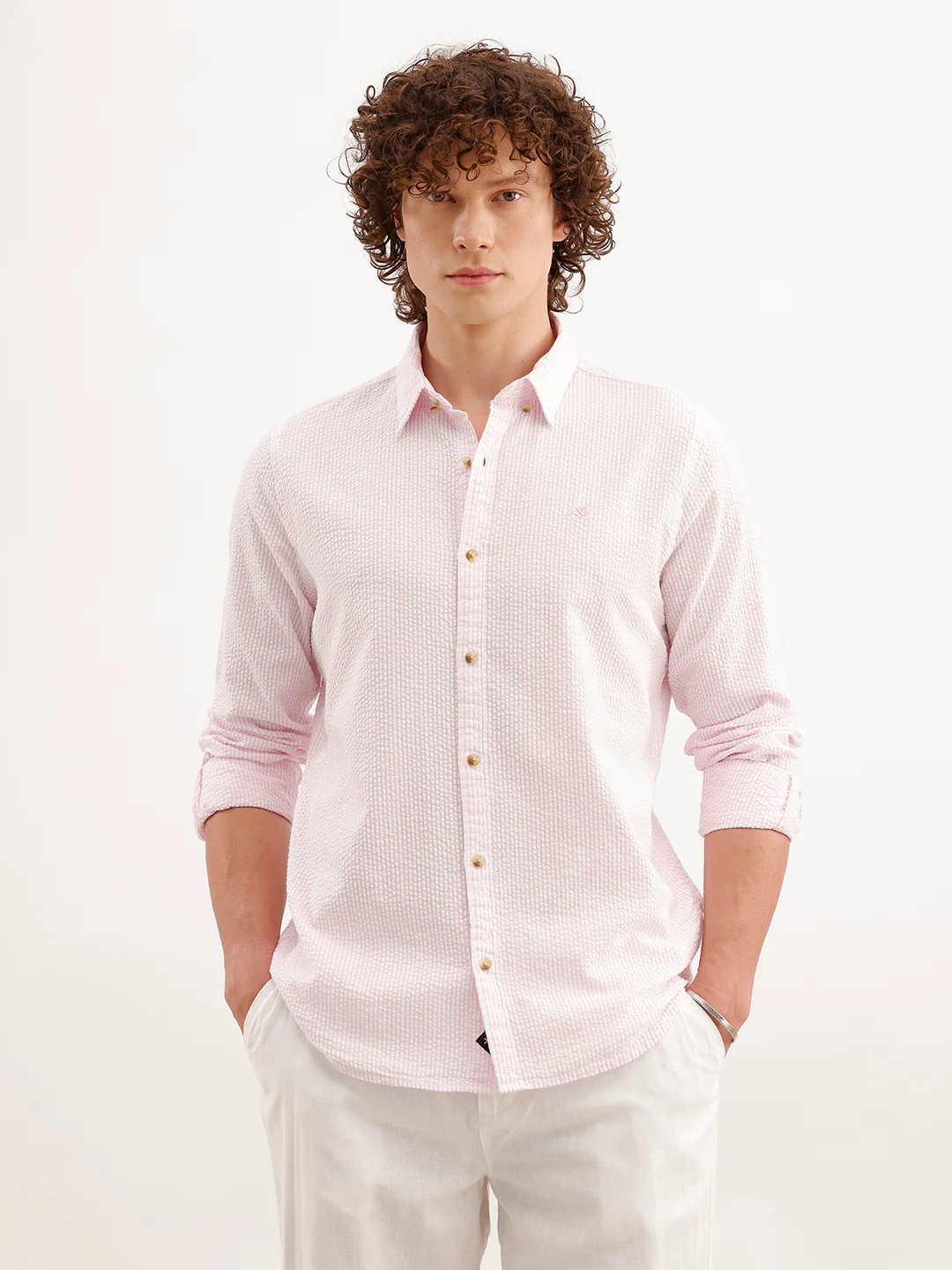 Slim Fit Textured Striped Shirt  | Pink