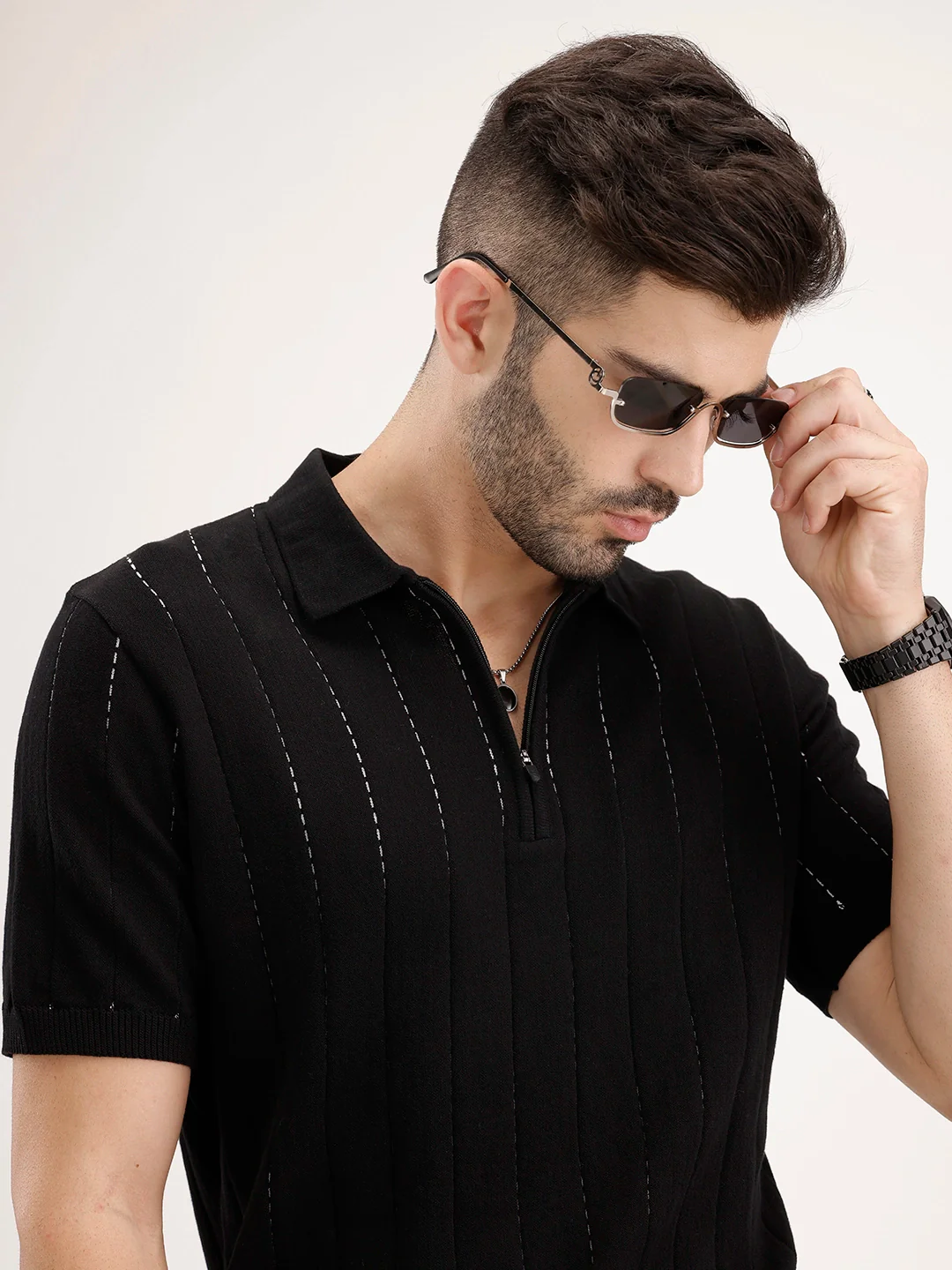 Slim Fit Flat Knit Textured T-Shirt | Black