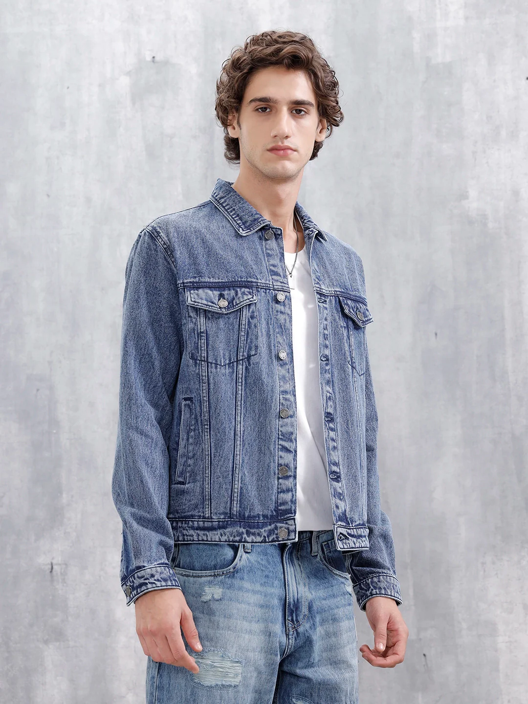Slim Fit Wrogn Appliqued Denim Jacket | Med Stone - Image 4