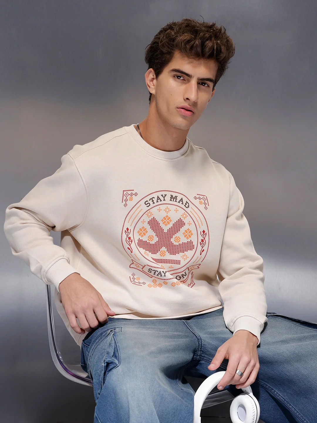 Soft Beige Casual Graphic Sweater | Beige