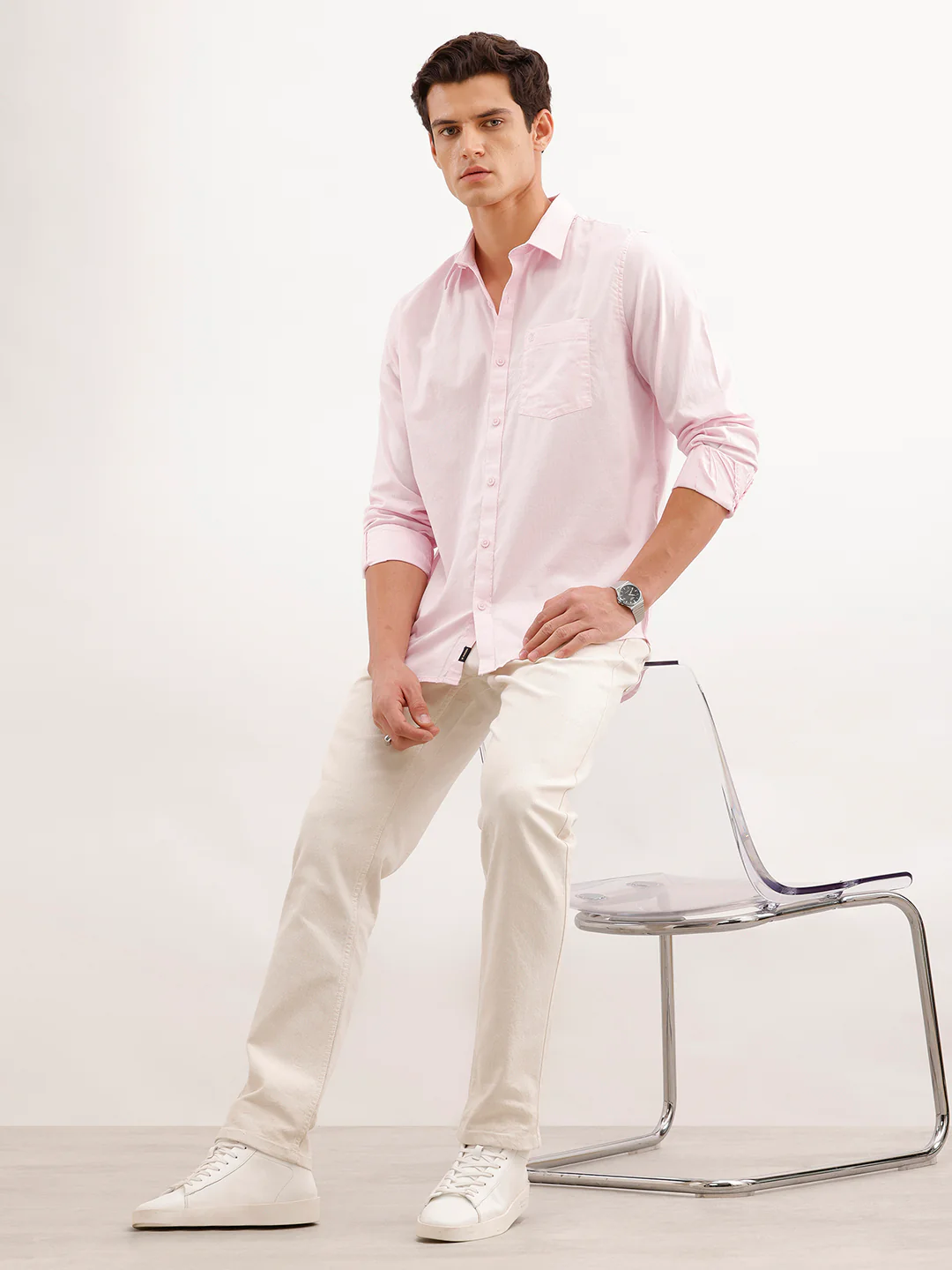Soild Slim Fit 100% Cotton Shirt | Pink - Image 2