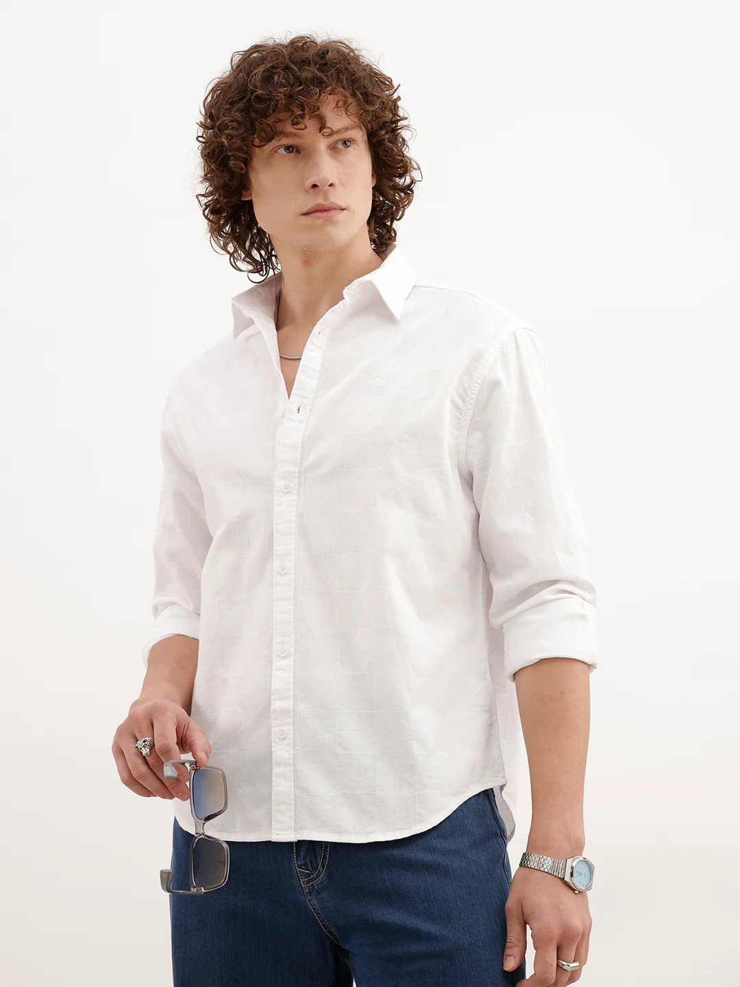 Solid Comfort Fit Textured Shirt | White