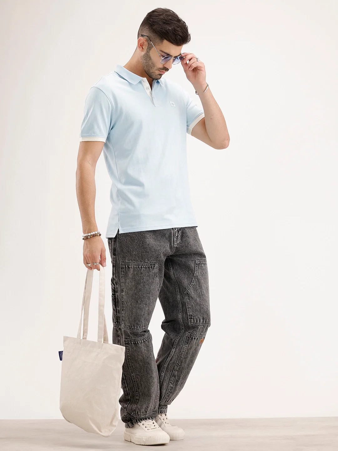 Solid Contrast Sleeves Polo T-Shirt | Light Blue - Image 2