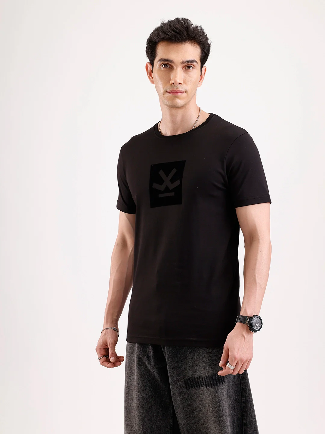 Solid Flock Printed T-Shirt | Black - Image 4