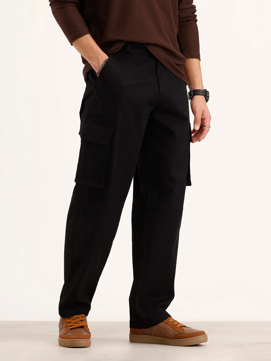 Solid Loose Fit Cargo Trouser | Black