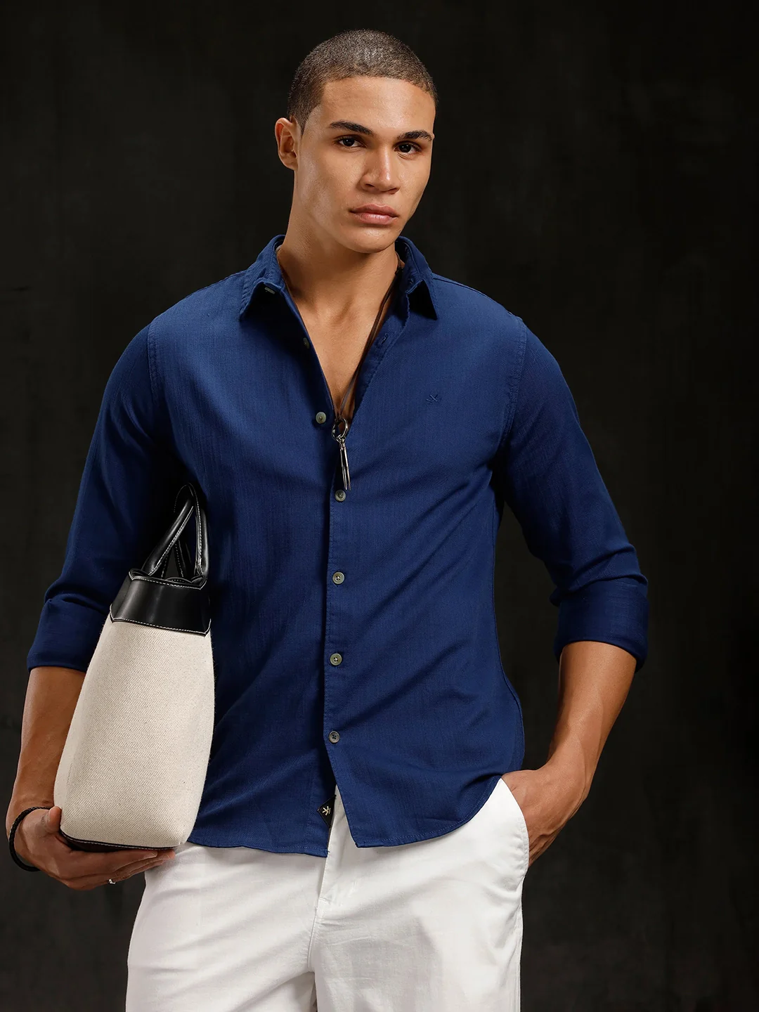 Solid Overdyed Slim Fit Shirt | Dark Blue