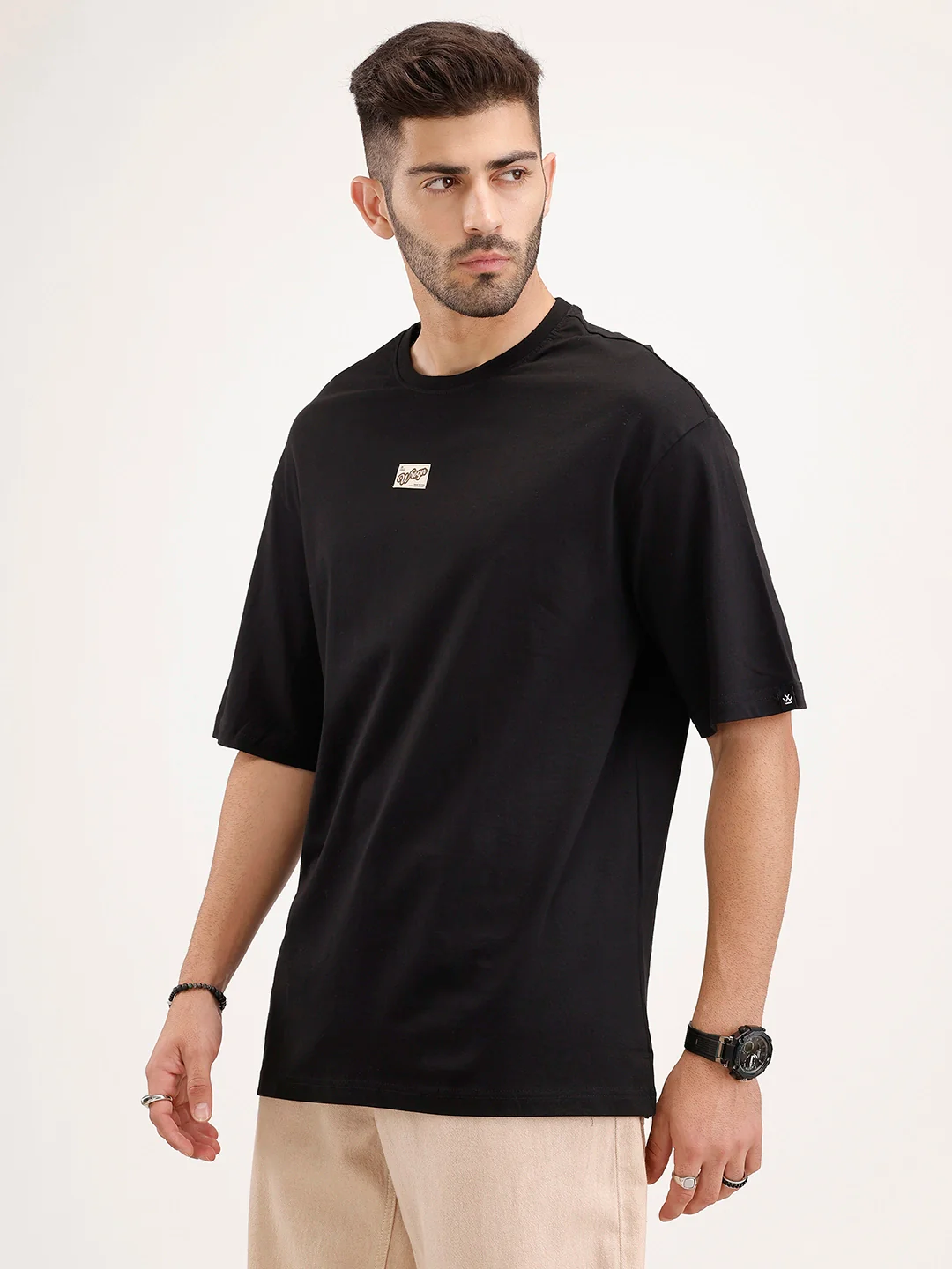 Solid Oversized Fit Patch Detail T-Shirt | Black - Image 4