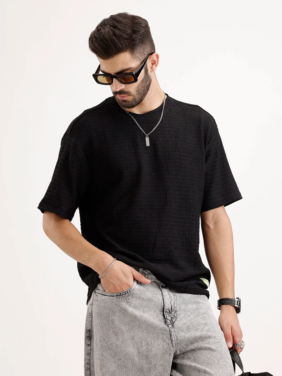 Solid Oversized Textured T-Shirt | Black